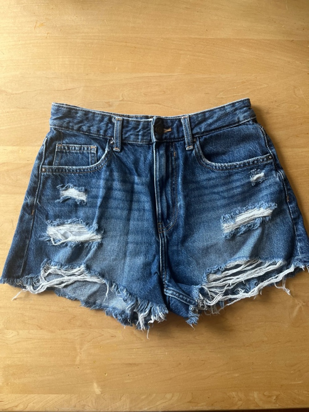 Bershka Distressed Frayed Hem Denim Shorts - Blue